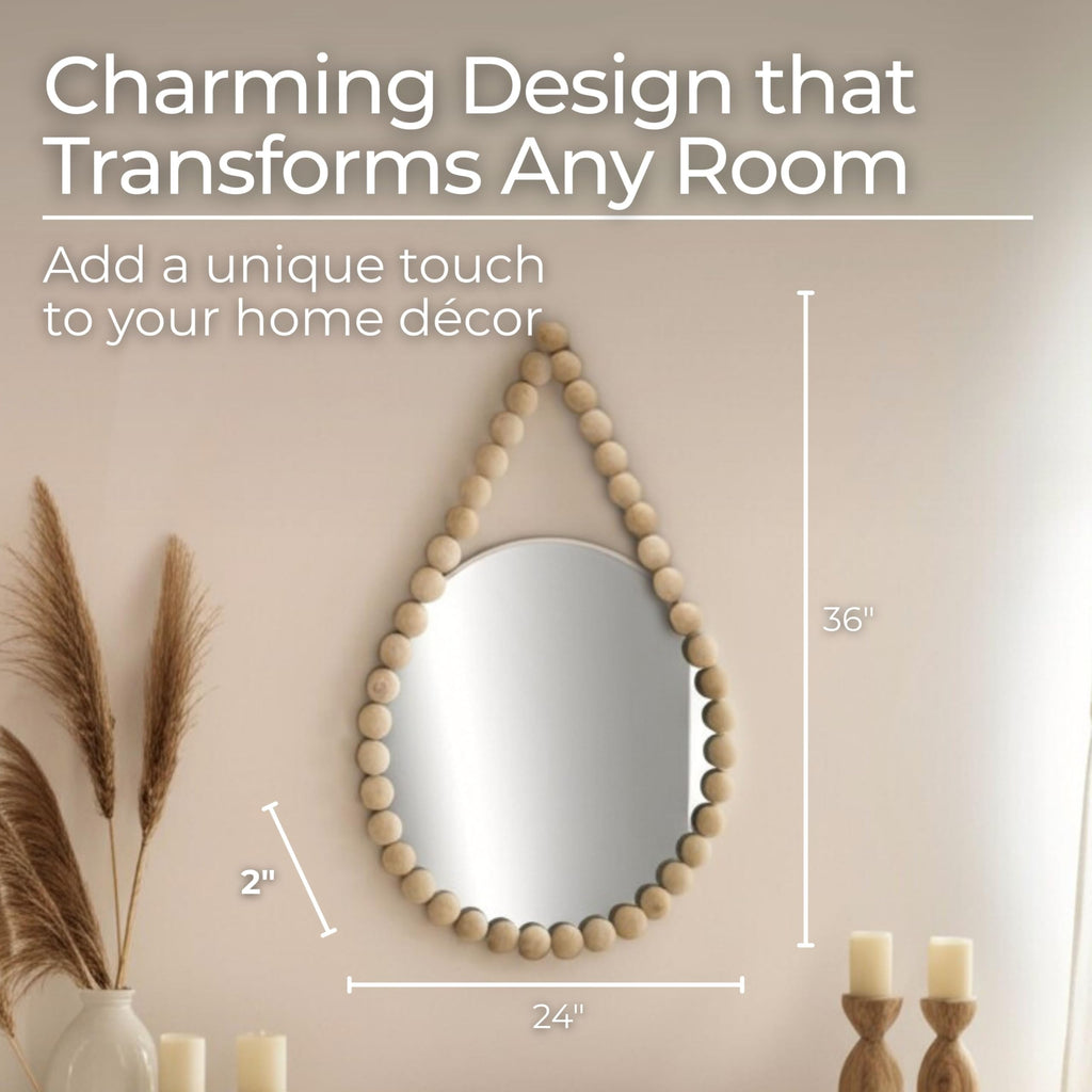 White Decorative Mirror with Beaded Wood Frame - MDF & Glass Home Decor Mirrors for Wall Accent & Styling - Modern