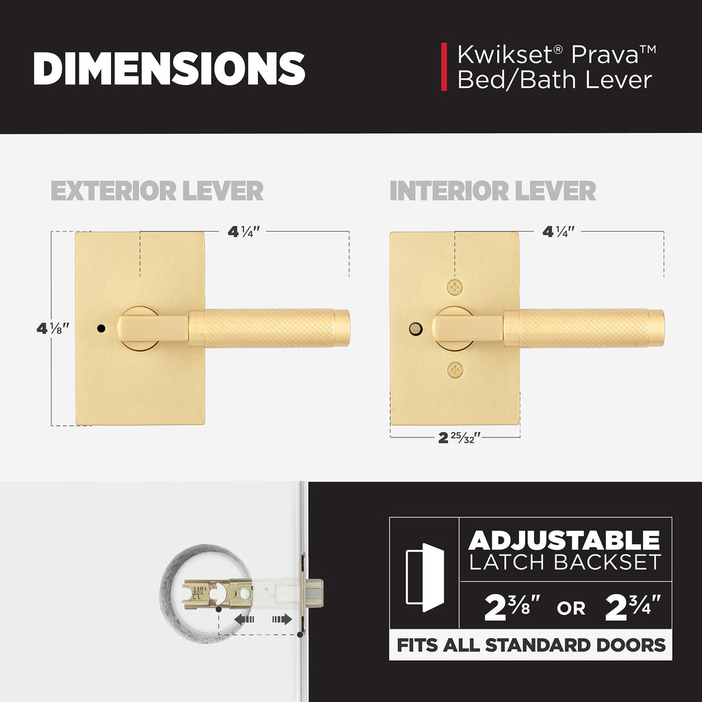 Prava Interior Privacy Door Knurled Handle with Lock, Door Lever , Satin Brass, Reversible Keyless Push Button Lock