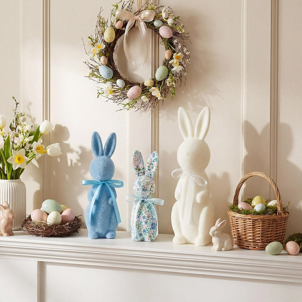 Flocked Bunny Easter Decorations 9/10/13 Inch Flocked Bunny Figurines with Bow Tie Spring Easter Tabletop - Set of 3