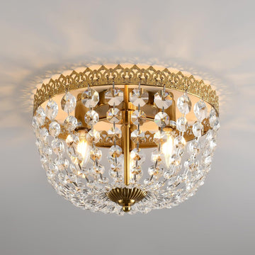 French Country Crystal Flush Mount Ceiling Light, 12.6" Gold 3-Light Mini Chandelier