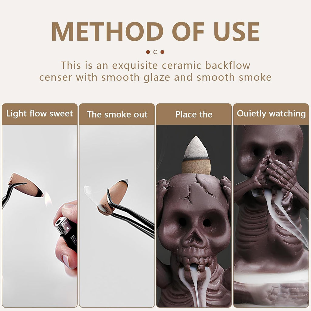 Backflow Incense Burner Skull Decor Incense Stick Holder Reverse Flow Censer Incense Waterfall Burner + Backflow - Set of 3