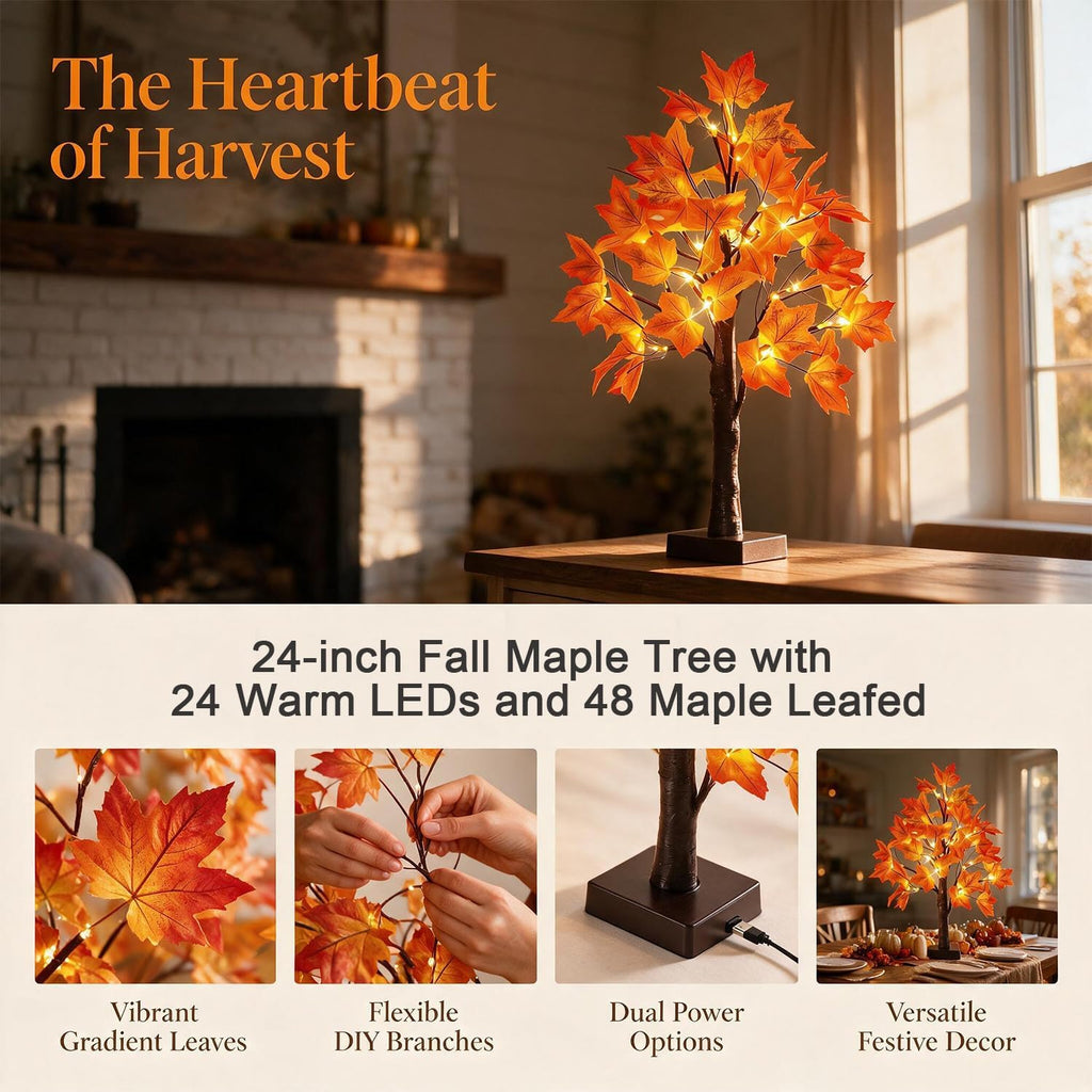 24" Artificial Fall Lighted Maple Tree with Timer, USB/Battery Operated, 24 LEDs & 48 Autumn Leaves, DIY Bendable