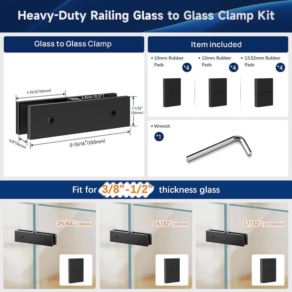 4 Pack SS304 180° Railing Glass to Glass Clamp for 3/8"-1/2" Glass