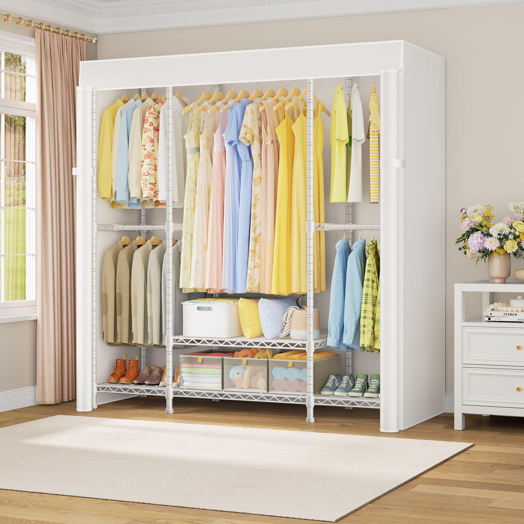 E3C White Clothes Rack with Beige Cover, Heavy Duty Garment Rack