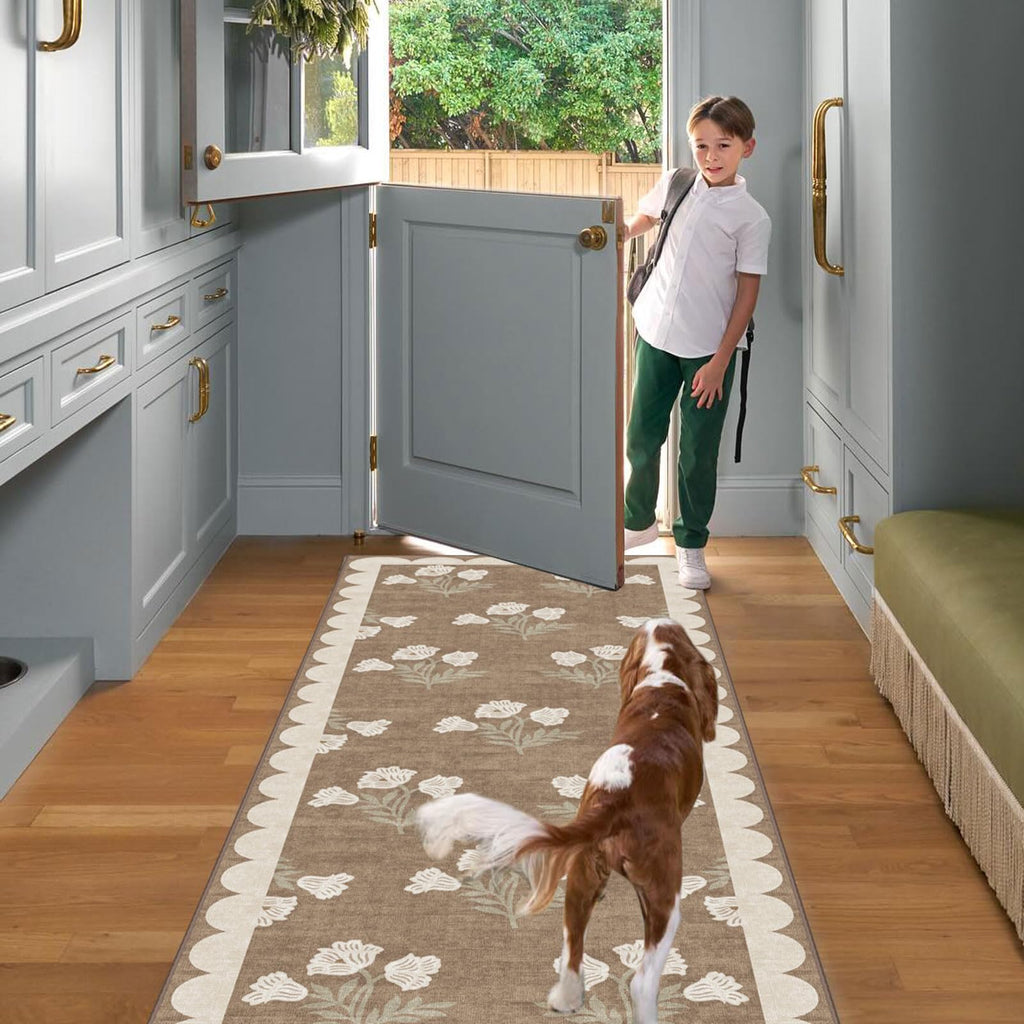 Non Slip Washable Kitchen Runner Rug - Long Tan Hallway Runner Rugs Soft Boho Runners s Vintage Floral Scalloped