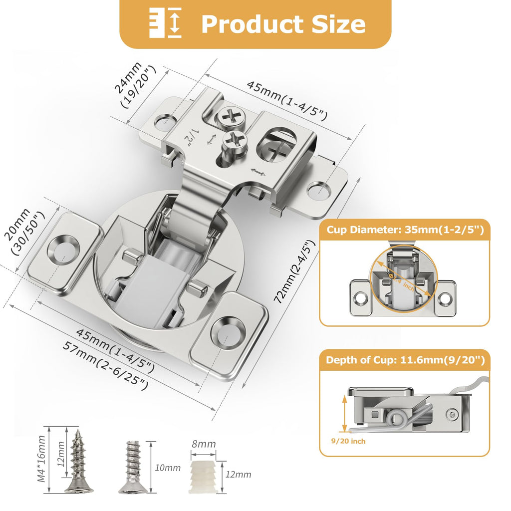 50 Pieces 1/2" Overlay Soft Close Concealed Hinge, 105 Degree