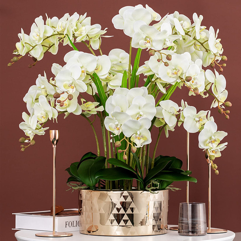 5 Pcs Artificial Phalaenopsis Flowers and 4 Bundles Leaves, Artificial Orchid Flowers with 4 Bundles Leaves Stem