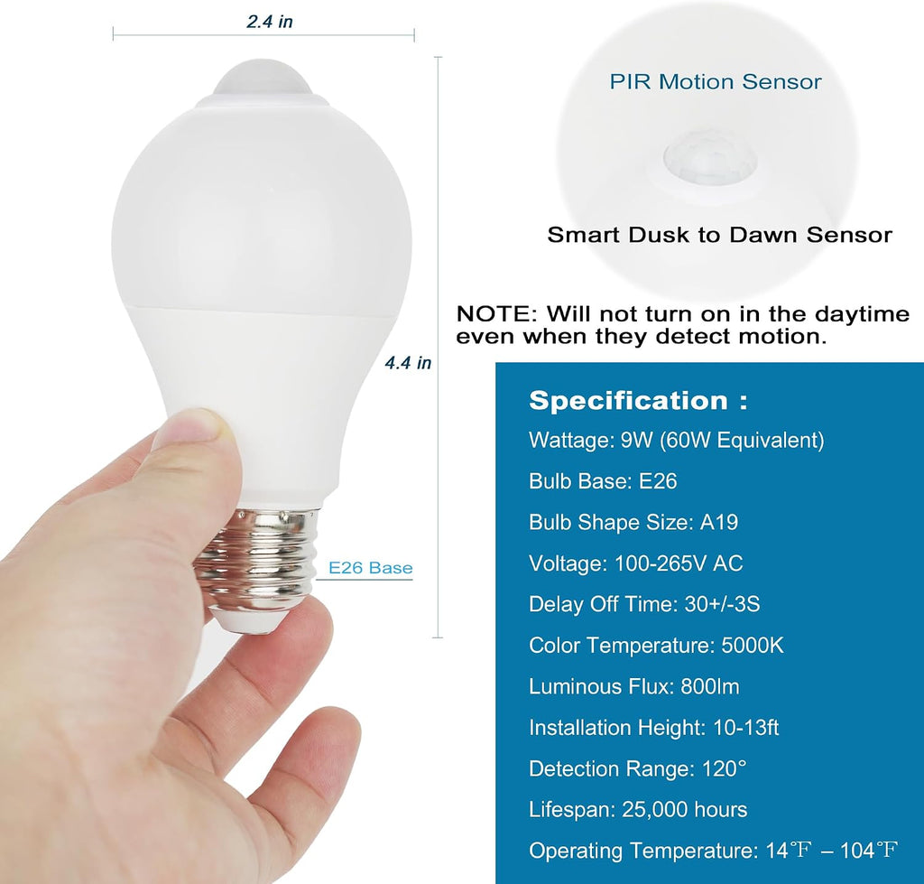 Motion Sensor Light Bulbs for Outdoor Indoor, 9W A19 Motion Detector Led Bulb, 60 Watt Equivalent, E26 800lm 5000K