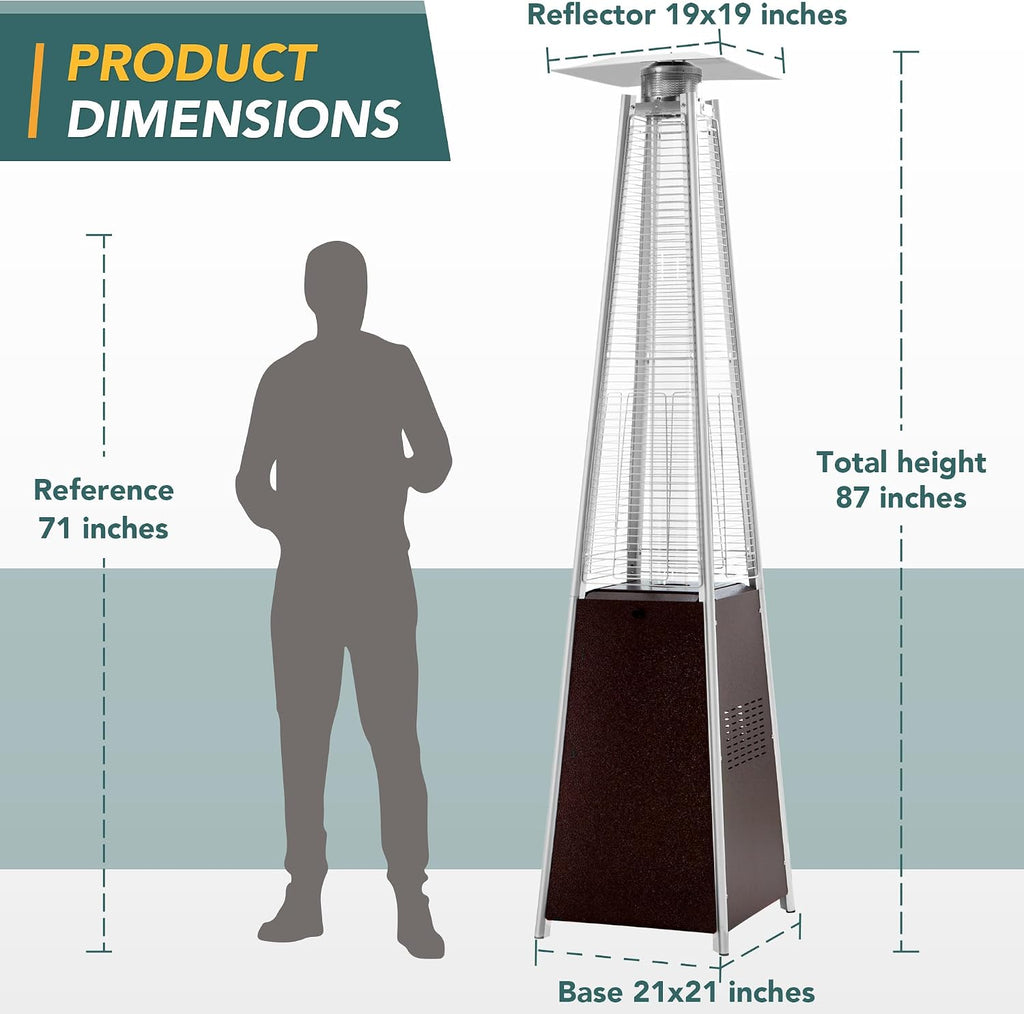 Patio Heater, 48,000 BTU Pyramid Flame Outdoor Heater with Cover, Quartz Glass Tube, 87" Hammered Bronze Tower