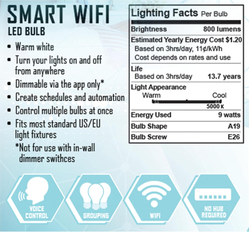 Smart Wi-Fi Dimmable Warm White LED Light Bulb, 1 Bulb, A19, E26, Mobile App Control, 9 Watt