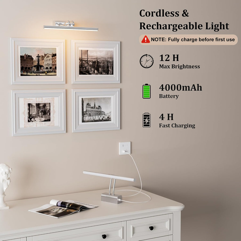 Picture Light for Wall, RF Remote, USB Charging Platinum Silver