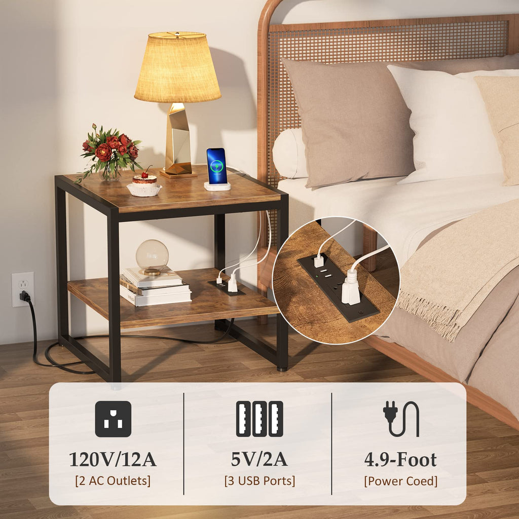 End Table with Charging Station, Mini Fridge Stand, Rustic Brown