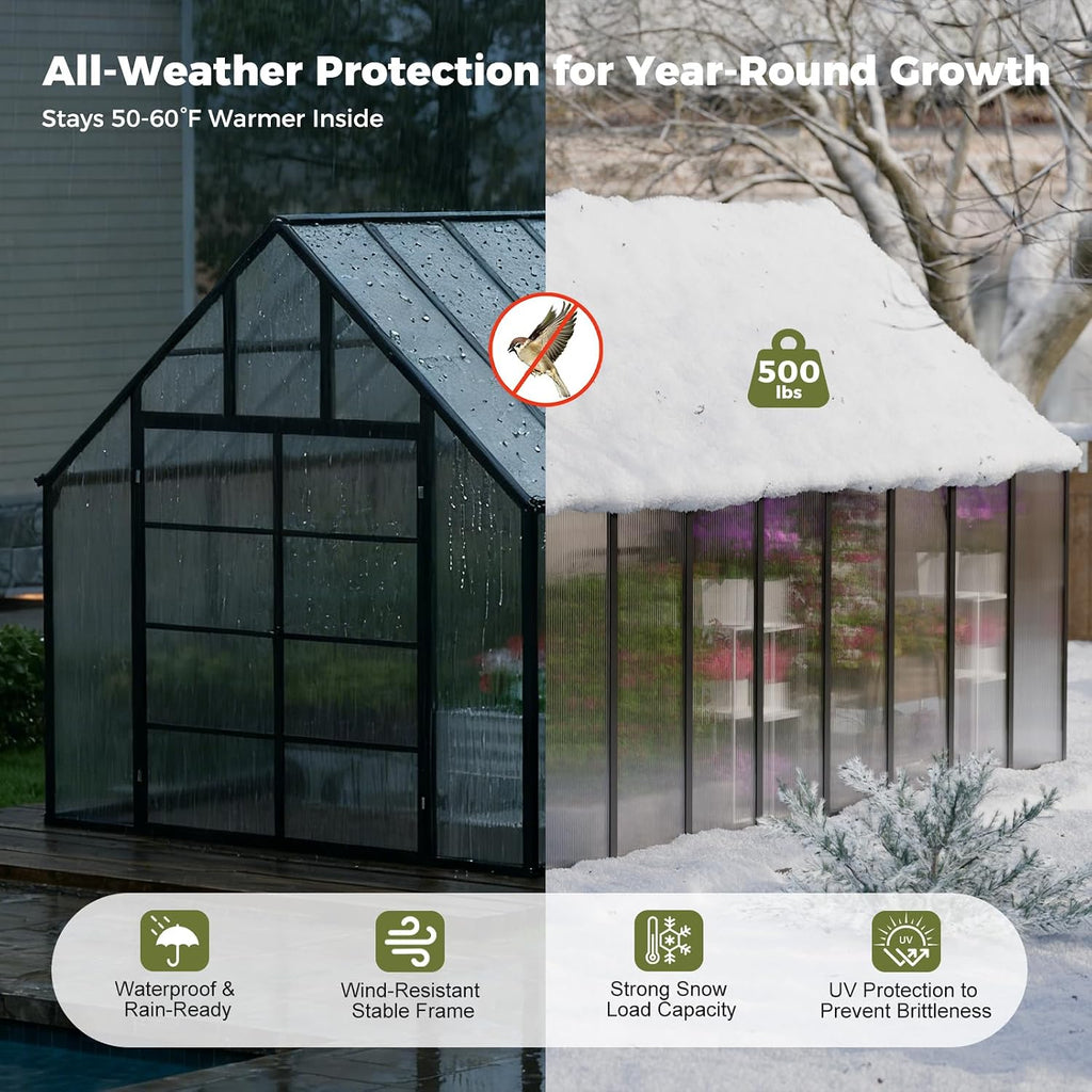 16x10x10 FT Large Greenhouse for Outdoors , 3 Vents | 4MM Twin-Wall PC Panels, Quick-Connect Aluminum Frame, 3