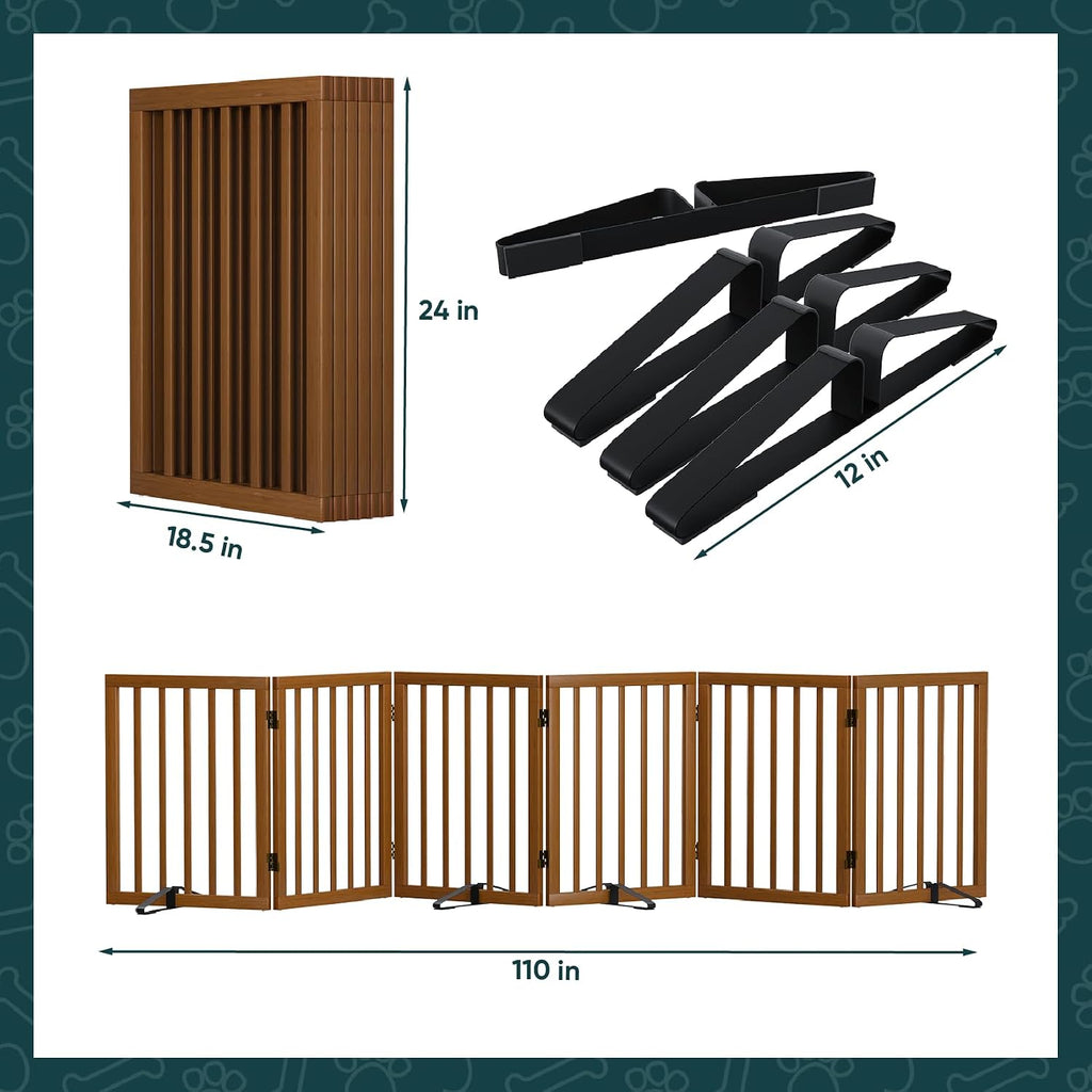 Walnut Dog Gates for Doorways, 6-Panel Freestanding Dog Gate Indoor for the House Stairs, 24" H Foldable Wooden Pet