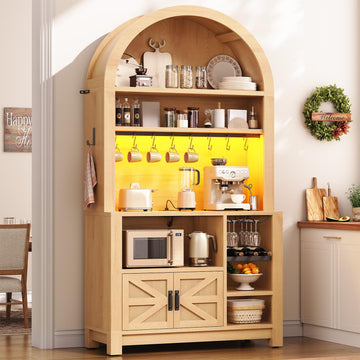 73" Tall Arched Bakers Rack with Power Outlet and LED Light, Farmhouse Coffee Bar Cabinet, Kitchen Microwave Stand