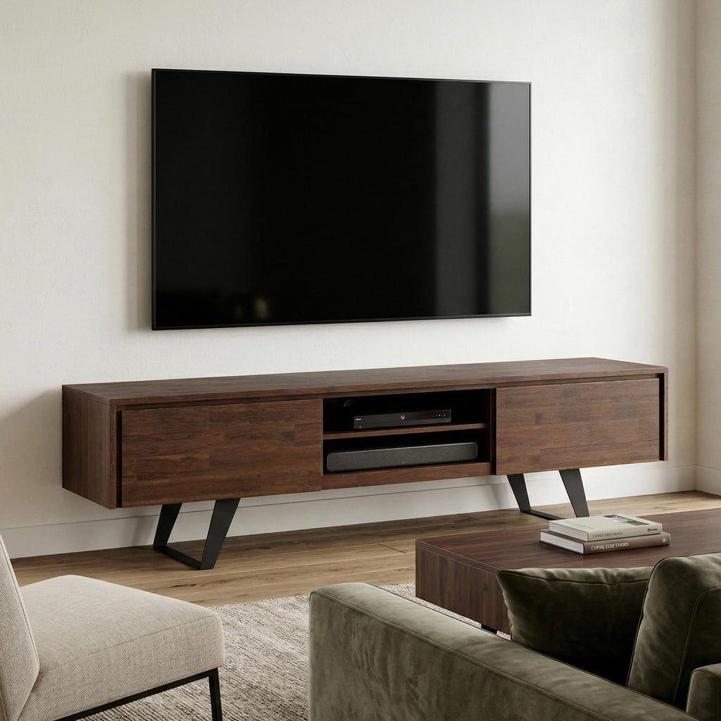 Lowry 72" Wide Acacia Wood TV Stand in Distressed Charcoal Brown
