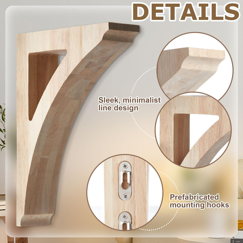 4 Pcs Wood Corbels, 1-3/4" x 6-1/2" x 9" Wooden Shelf Brackets
