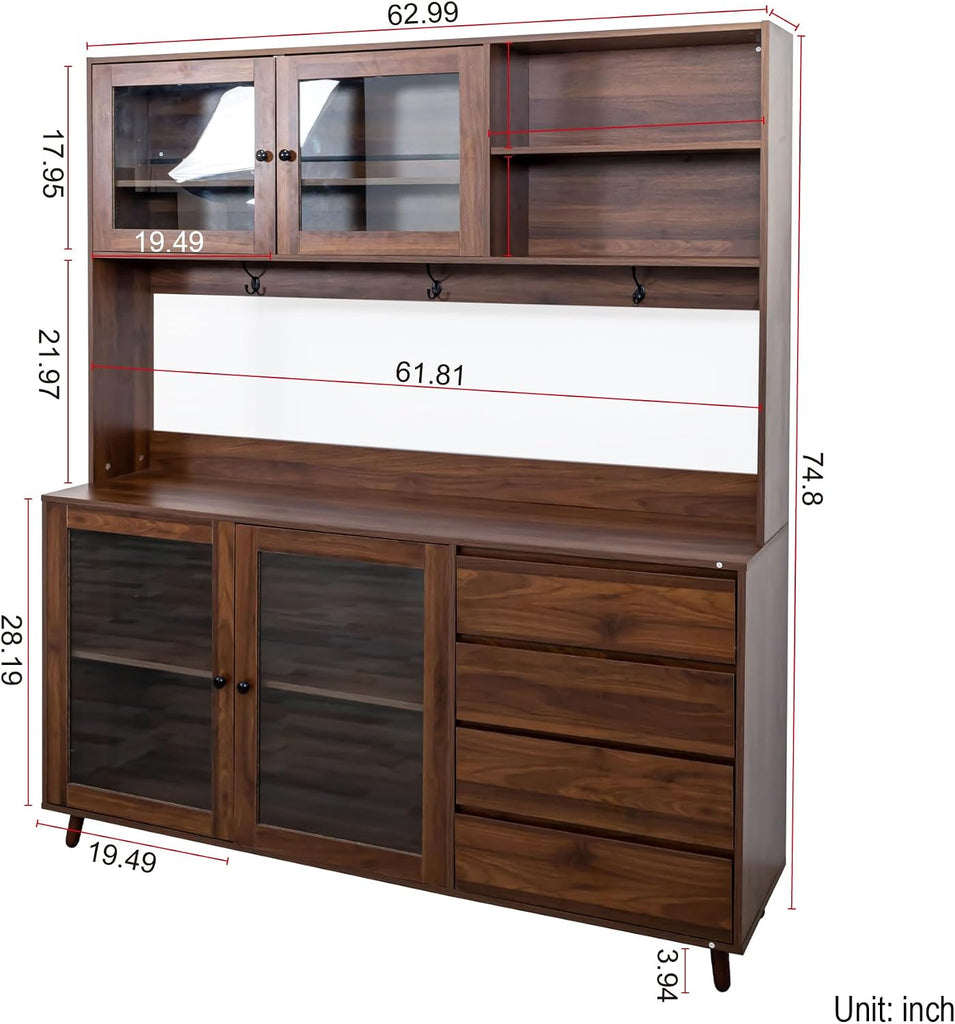 63" W Large Kitchen Hutch Cabinet, Freestanding Pantry Storage Cabinet with Hutch, 4 Doors 4 Drawers & Microwave