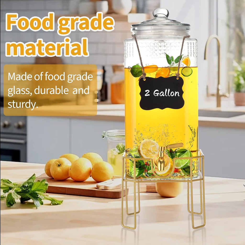 Drink Dispenser,2 Gallon Drink Dispensers for Parties,Beverage Dispenser with Stand,Glass Lid and Stainless Steel