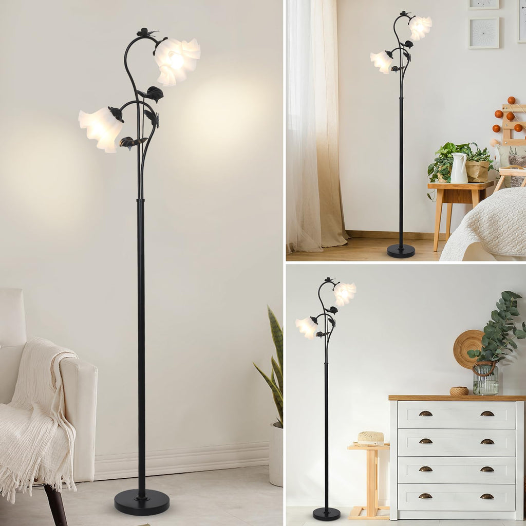 Black Floor Lamp, Flower Standing Lamp with 2 LED 5W Blubs, Foot Switch, Floral Tall Lamp with Acrylic Shade