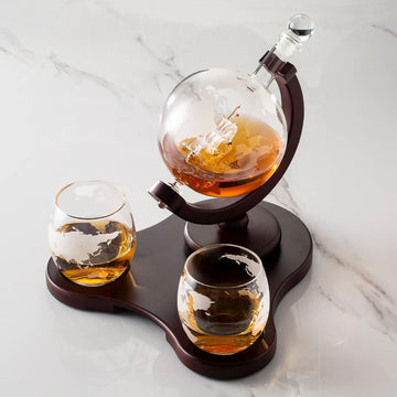 Whiskey Globe Decanter Set with 2 Glasses in Gift Box - Whiskey decanter for Liquor, Whiskey, Brandy, Gin, Rum - Set of 3