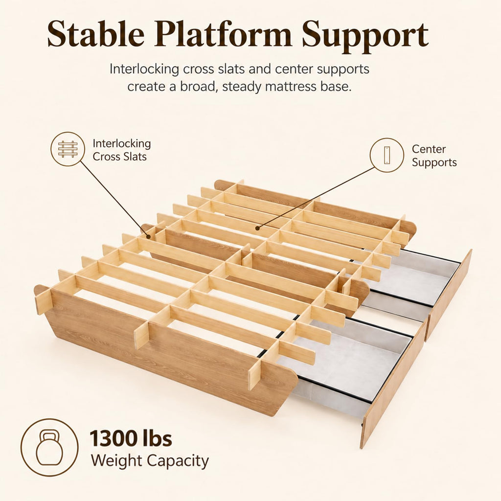 Queen Japanese Bed Frame with Storage, Wood Platform Bed Frame