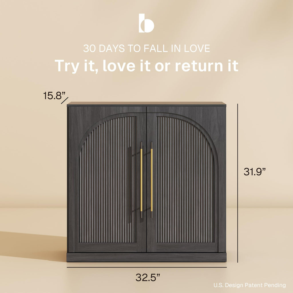 32.5" Kitchen Storage Cabinet with Adjustable Shelves, Freestanding Accent Cabinet with Fluted Arched Design & Gold