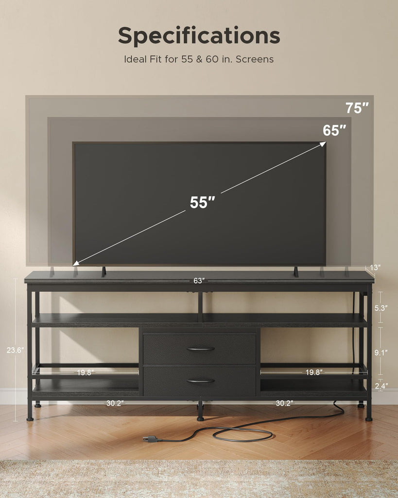 63in TV Stand for 55-75in TVs, LED Lights, Charging Station, Black
