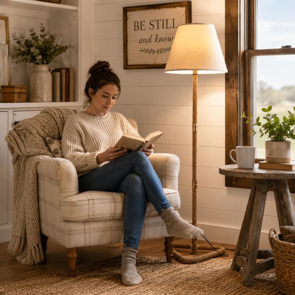Rustic Floor Lamp, Rope Lamps with Linen Shade