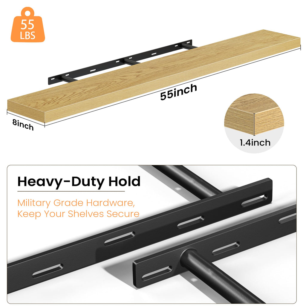 55 Inch Floating Shelves - Fireplace Mantel Shelf - Deep Wall Mounted Wood Storage Shelf, Farmhouse - 1 Pack, Oak