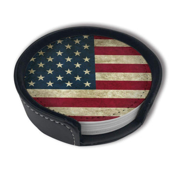 American Flag USA Flag Leather Drinks Coasters with Holder Set of 6