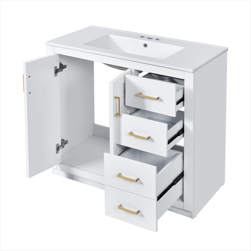 36 Inch White Bathroom Vanity with Sink & Gold Handles, Light Luxury