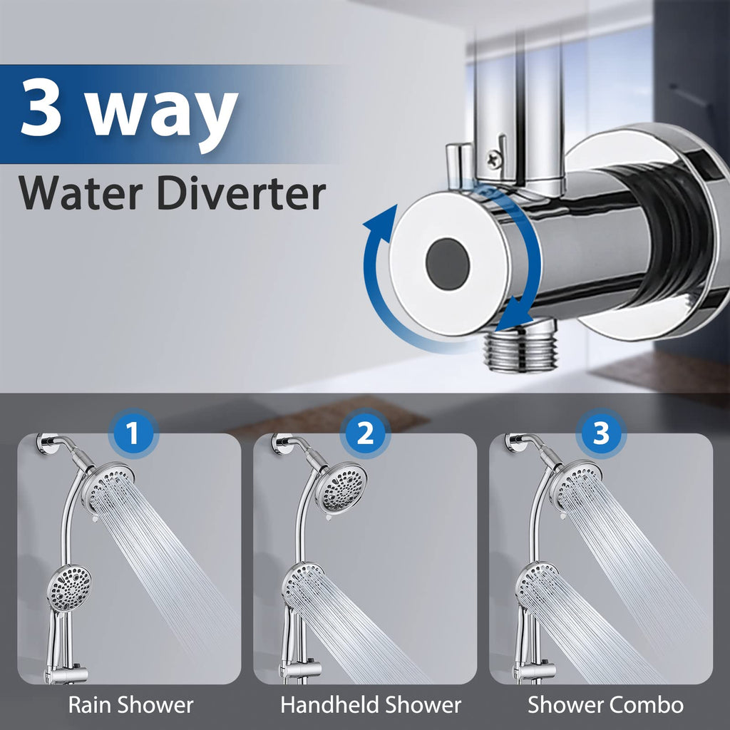 Rainfall Shower Head with Handheld Shower Spray, with 26" Drill Free Adjustable Height Slider Bar, High Pressure Dual