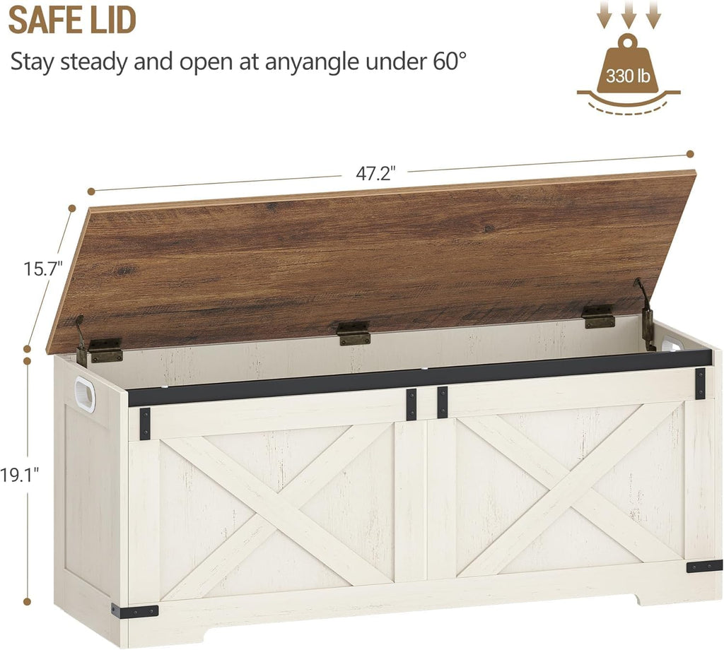 47" Farmhouse Storage Chest and Bench | 59 Gal | 330lb Seat | FSC Wood | Soft-Close Hinges | Storage | Easy Assembly