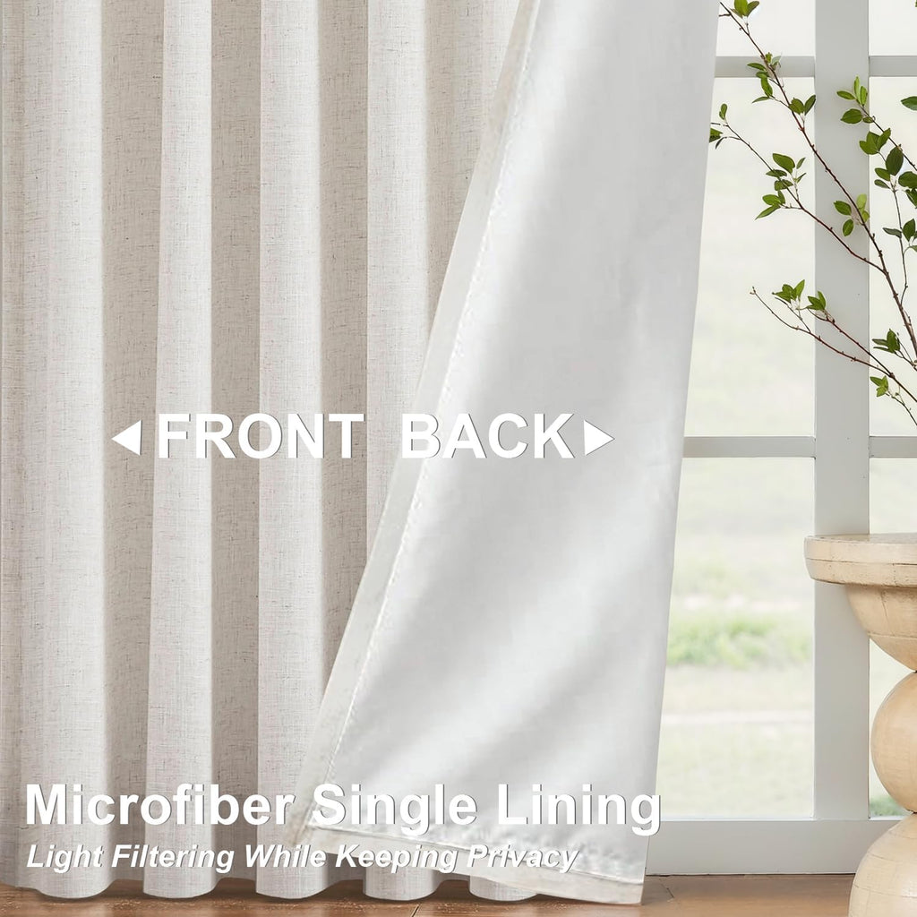 Natural Pinch Pleated Light Filtering Curtains with Microfiber Liner 90 inch Linen Blended Textured Privacy Drapes