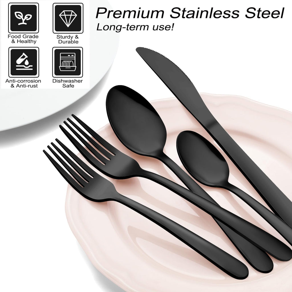 72Pcs Black Silverware Sets for 12 - Dishwasher Safe, Stainless Steel Cutlery Set with Steak Knives, Flatware Set
