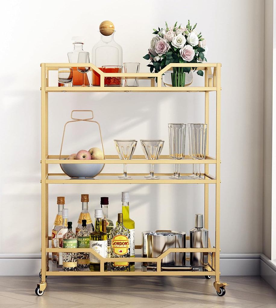 Square Gold Bar Carts with 3 Tier Storage Glass Shelves Holder Home Serving Bar Carts on Wheels , Bar, Dinning Room