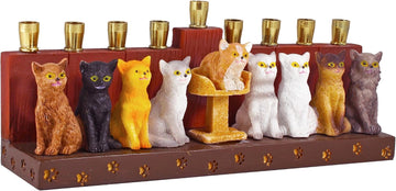 Hanukka Cat - 3D Sculptured Cats and Paw Prints on Menorahs Base Cats Themed Children Teens or Adults Collectible