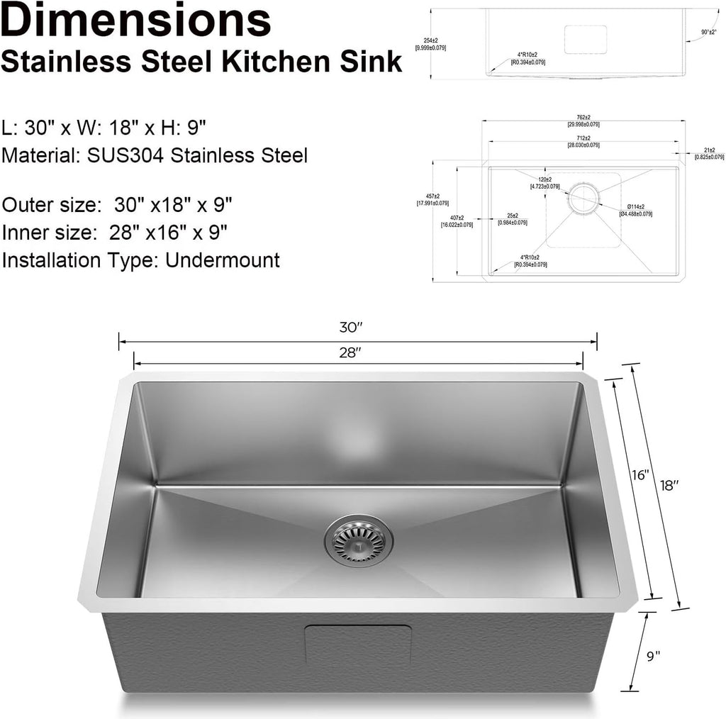 30" Undermount 18 Gauge 304 Stainless Steel Single Bowl Kitchen Sink with Accessary in 30"Lx18"Wx10"D