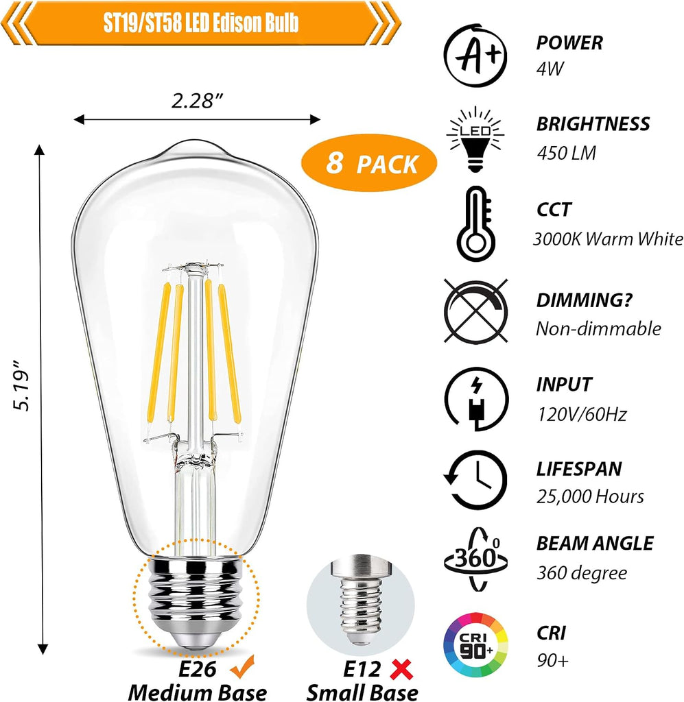 LED Edison Bulbs 40W Equivalent, 3000K Warm White, Non-Dim
