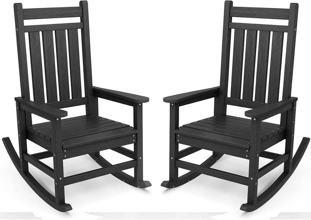Outdoor Rocking Chair Set of 2, HDPE Rocking Chairs for Adult, Black