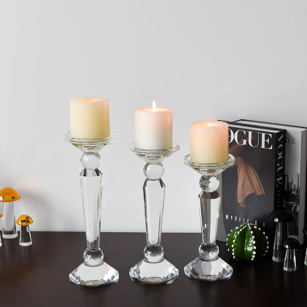 Crystal Candle Stick Holders Set of 3, Clear Crystal Taper/Pillar Candles Holder Table Centerpieces for Party and