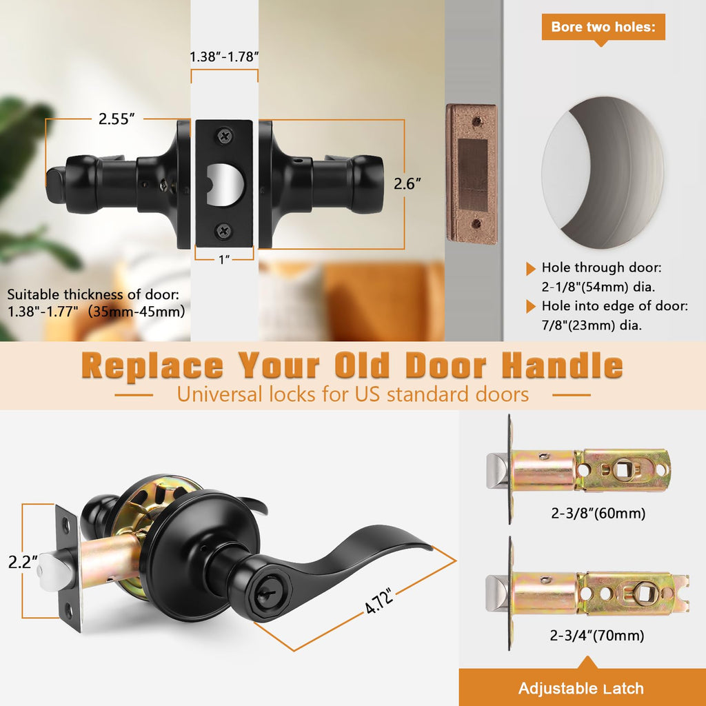Matte Black Entry Lever, Stainless Steel Wave Style Entrance Handle Exterior Interior Keyed Lock Set for Front or