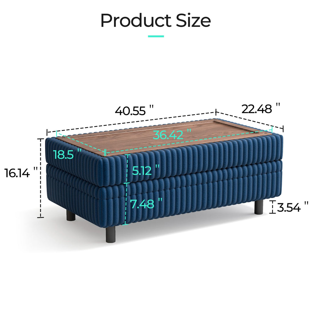 Storage Ottoman Bench, 40" Convertible Coffee Table Plush Corduroy Foot Rest Ottoman, Guest Room, Entryway, Blue
