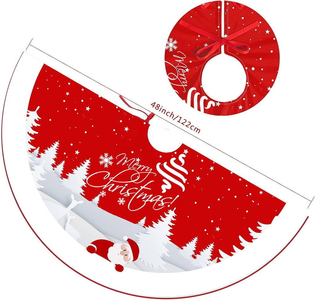 Christmas Tree Skirt Red Xmas Tree Ornaments for White Soft Plush Christmas Tree Mat with Snowy Pattern