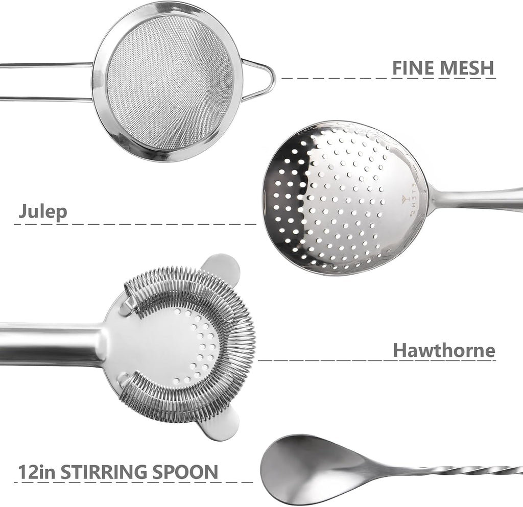Cocktail Strainer Set - Bar tools Stainless Steel Includes Hawthorne Strainer, Julep & Fine Mesh Cocktail Strainers - Set of 4