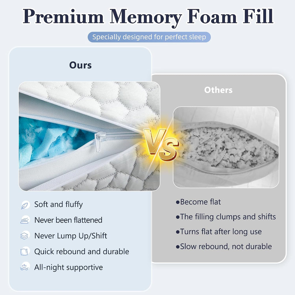 Bamboo Cooling Shredded Memory Foam Bed Pillows Queen Size Set of 2 | Plush Firm Support, Neck Pain Relief