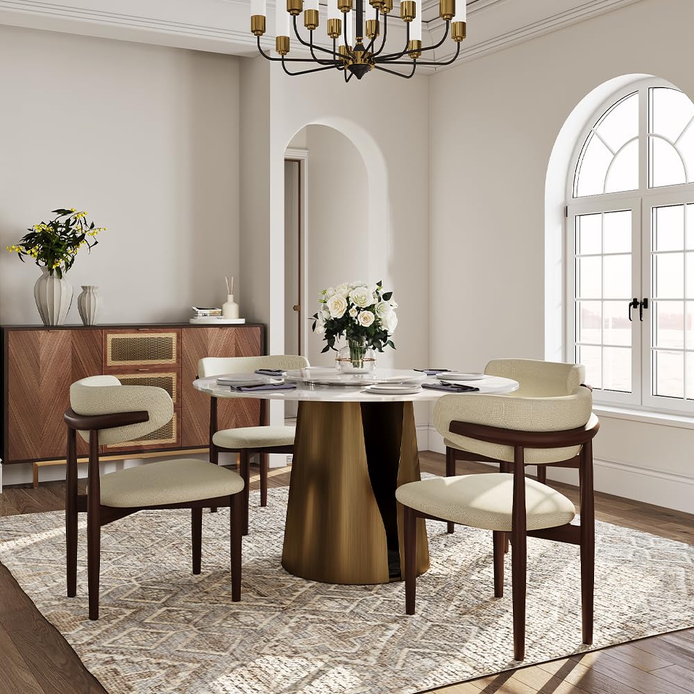 51" Round Dining Table for 4-6, Modern Round Dining Table with 23" Lazy Susan, 51" Glossy White Sintered Stonetop