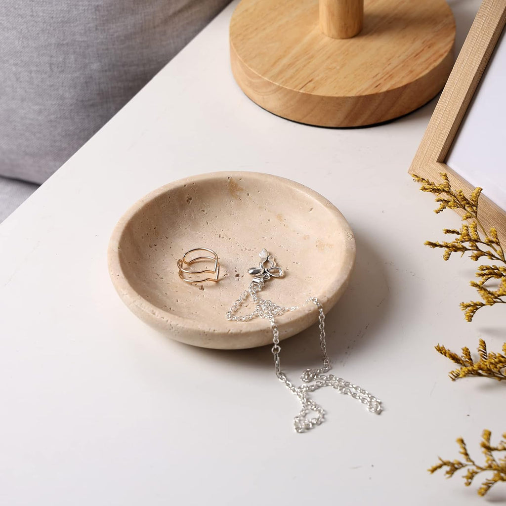 Natural Marble Travertine Ring Dish Jewelry Tray 5.5" for Women, Marble Trinket Dish for Key Earring Nightstand