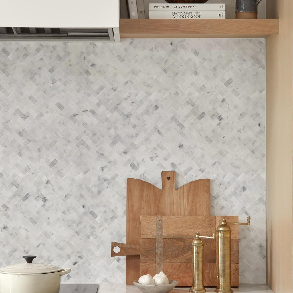 Herringbone Peel and Stick Backsplash Real Marble Tile, 5 Sheets